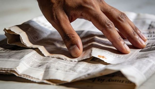 Pressing male hand smoothing crumpled newspaper with rust stain closeup texture