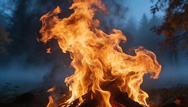 Bonfire Flames Dancing Over Stacked Logs in Misty Forest Dusk