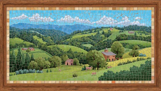 Framed mosaic depicting rolling hills grazing cows barn with cupola pastoral tilework panorama