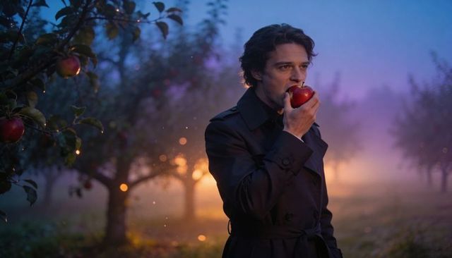 Man biting red apple in misty orchard at twilight wearing dark trench coat with backlit fog