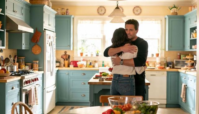 Couple embracing at kitchen island in sunlit teal cabinets while preparing meal