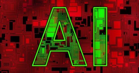 Glowing ai letters pulsing over red-black circuit grid neon green outline futuristic