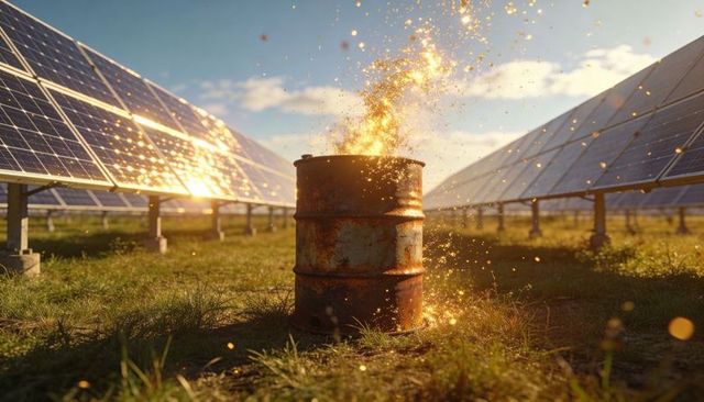 Rusted barrel emitting golden sparks amid sunlit solar panels, dramatic energy contrast