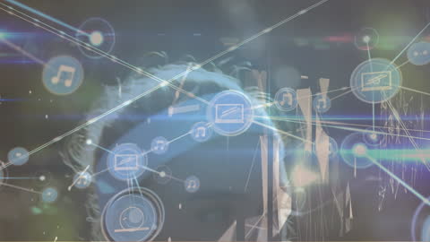 Digital Network Abstract with Data Icons Overlaying Camera Footage