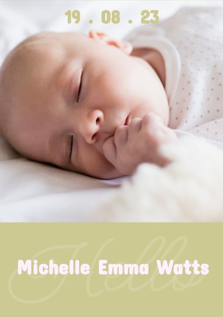 This image features a sleeping newborn baby with the birth date and name written in soft, pastel tones. Ideal for baby announcements, nursery decorations, or personalized gifts. The tranquil scene symbolizes innocence and the beginning of a new life, making it perfect for commemorating significant milestones in a family.