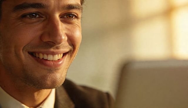 Smiling young businessman closeup in warm office light with laptop, beige bokeh background