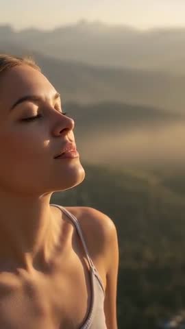 Breathing and relaxing on mountain ridge at dawn, woman soaking golden hour light — vertical video