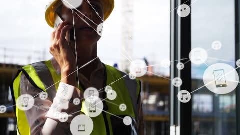 Female Construction Worker Using Smartphone with Digital Network Overlay