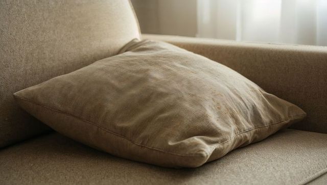Neutral linen throw pillow resting on sofa arm with soft creases and warm light