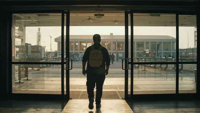 Backlit traveler walking through sliding doors toward transit concourse at golden hour