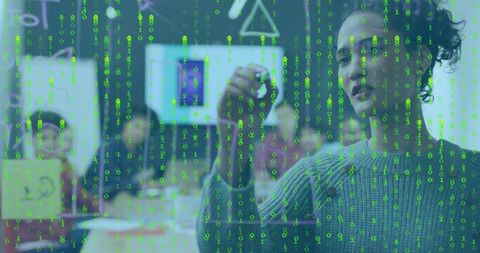 Curly-haired woman writing on glass board with binary code overlay in tech team meeting