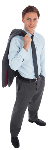 Smiling Young Businessman Holding Jacket in Confident Pose on Transparent