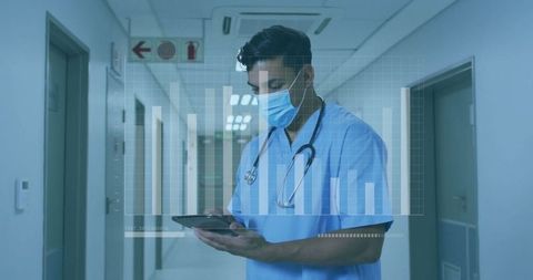 Doctor Analyzing Digital Data Overlay in Hospital Corridor