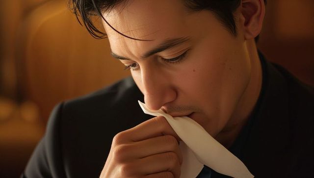 Pensive man pressing white napkin to mouth in moody warm dining booth intimate portrait