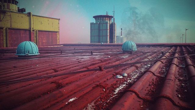 Red Industrial Roof with Dome Vents Under Blue Sky