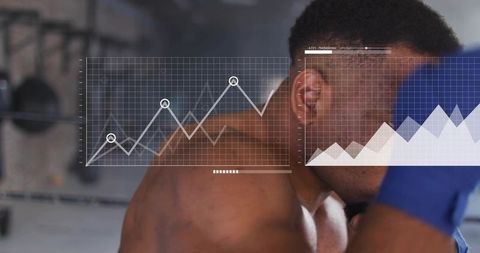 Shirtless boxer training with blue glove and biometric performance analytics overlay in gym