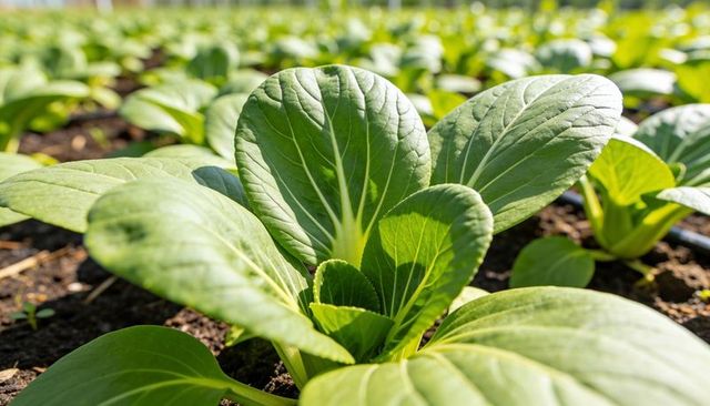 Sunlit bok choy catching morning light in vegetable bed with drip irrigation and rich soil