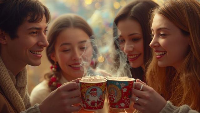 Joyful Friends Toasting with Holiday Mugs at Festive Gathering