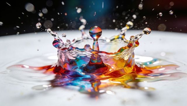 Vibrant rainbow droplet creating crown splash capturing macro high-speed liquid motion