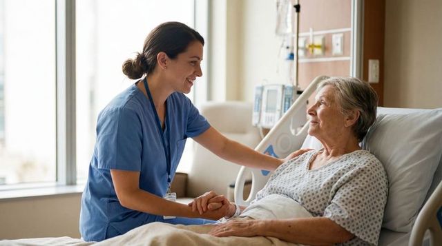 Compassionate nurse holding hand of senior patient in hospital bed with iv pump, comforting