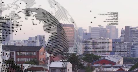 Floating halftone globe overlaying pastel urban skyline with code blocks, digital network