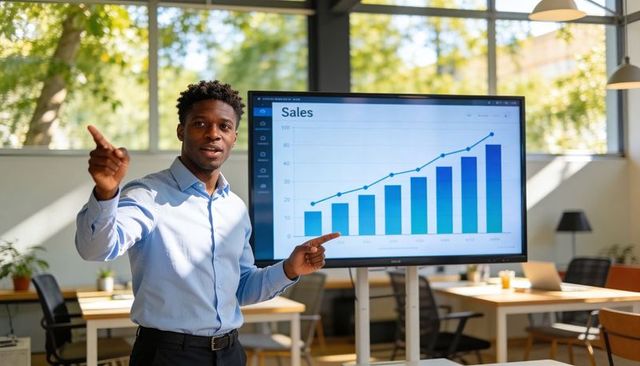 Presenting sales growth: business professional pointing at upward bar chart in modern office