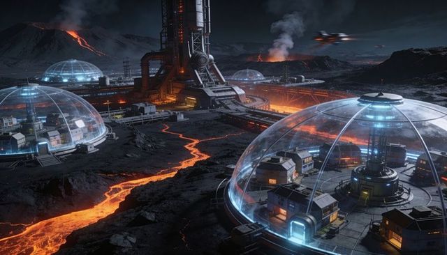 Geodesic dome lunar colony over lava rivers with launchpad and industrial pipelines at night