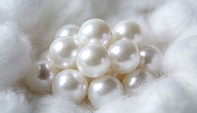 Glistening white pearls nestling on soft cotton macro still life showing smooth luster