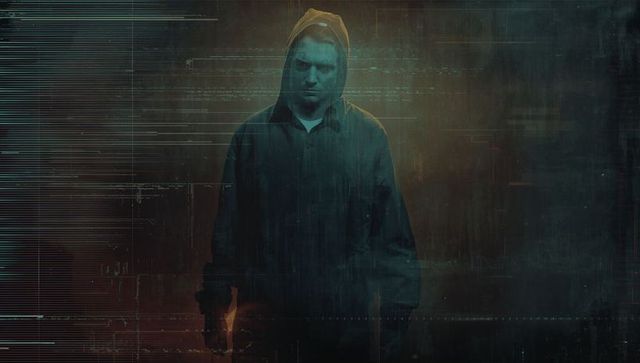 Mysterious Hooded Figure in Futuristic Digital Scene