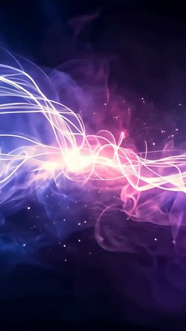 Advancing glowing filaments drifting through neon nebula, vertical cosmic motion loop
