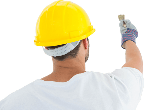 Worker in hard hat painting wall with brush on transparent background