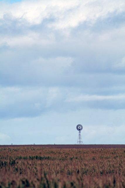 Tall windmill stands alone on expansive open plains with a cloudy sky above. Rural landscape evokes sense of solitude and peacefulness. Ideal for illustrating themes of nature, agriculture, and simple living.