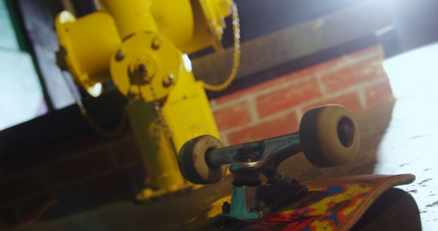 A robotic arm appears poised to interact with a colorful skateboard in an indoor setting. This scene suggests a fusion of technology and action sports, exploring robotics' role in leisure activities.