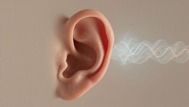 Closeup human ear receiving abstract blue-white sound waves representing hearing acoustics