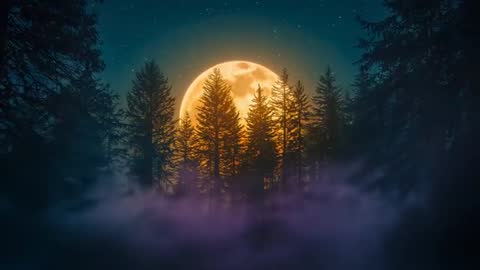 Full Moon Illuminating Pine Forest with Mystical Midnight Glow