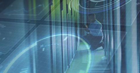 Technician Examining Servers with Futuristic HUD Overlays in Data Center