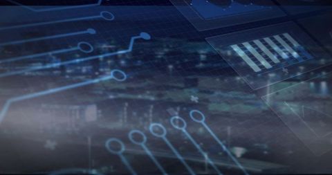 Futuristic Digital Circuit Overlay on Urban Night Skyline