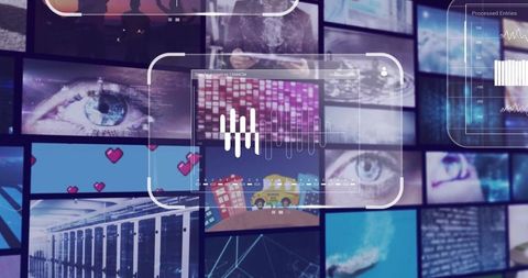 Futuristic digital interface displaying varied media content