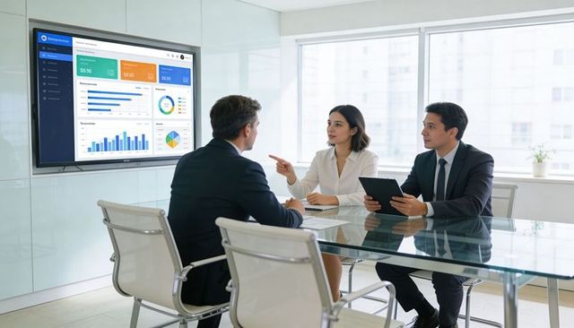 Three professionals discussing dashboard and charts in modern glass conference room