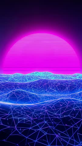 Neon Wireframe Waves Undulating Vertical Loop with Glitching Magenta Sun