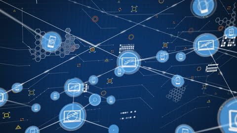 Digital Network of Icons and Microprocessor on Blue Background
