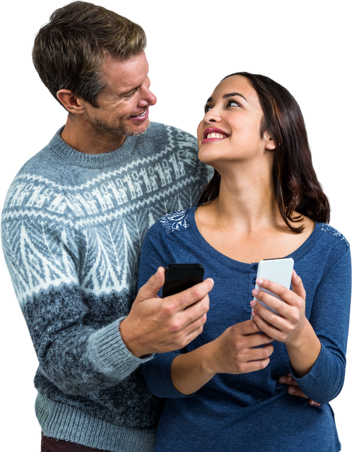 Transparent Smiling Couple Using Mobile Phones Hugging Affectionately - Download Free Stock Videos Pikwizard.com