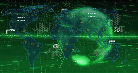 Digital World Map with Data Analysis Overlay in Green Hue