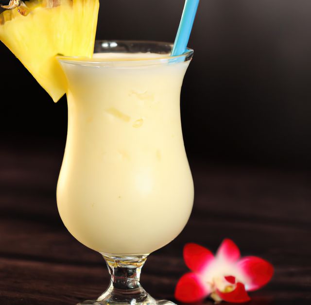 A refreshing pina colada cocktail filled in a tall glass with a blue straw and a pineapple slice as garnish, set against a dark background. Ideal for use in advertising summer parties, tropical vacations, cocktail recipes, and beach bar promotions.
