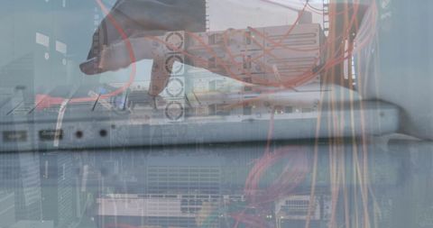 Blurred financial data digital overlay with laptop use