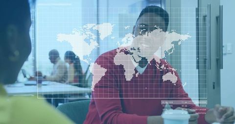 Modern Business Meeting with Global Strategy Map Overlay