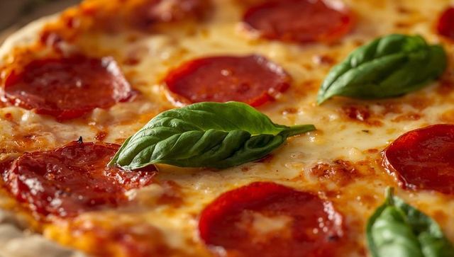 Gourmet pepperoni pizza close-up bubbling with gooey mozzarella, tomato sauce and basil