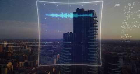 High-rise showing holographic waveform over dusk skyline, smart city data visualization