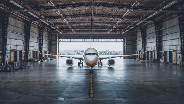 Commercial airplane in hangar for aircraft maintenance