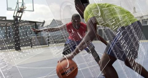 Urban rooftop basketball players dribbling with hud data overlay for sports analytics
